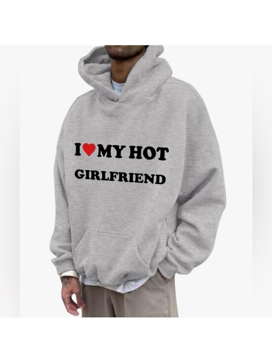 Tops - I ❤️ MY HOT GIRLFRIEND Grey Long Sleeve Hoodie with Kangaroo Pocket